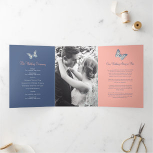 Wedding renewal program blue coral butterflies Tri-Fold programme