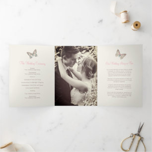 Wedding renewal program brown pink butterflies Tri-Fold programme