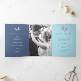 Wedding renewal program shades of blue butterflies Tri-Fold programme