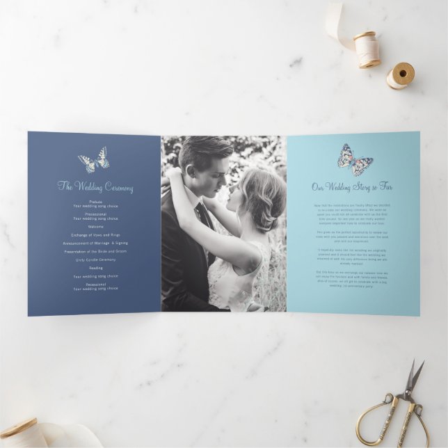 Wedding renewal program shades of blue butterflies Tri-Fold programme (Inside)