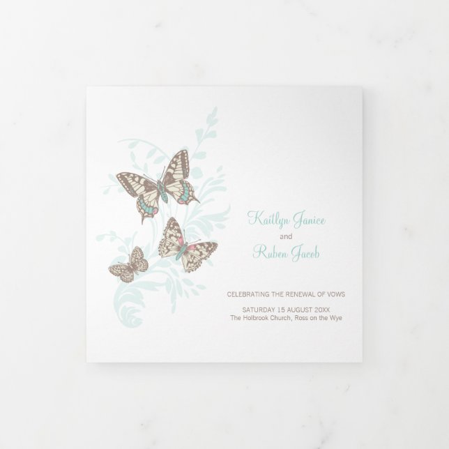 Wedding renewal square program aqua butterflies Tri-Fold programme (Cover)