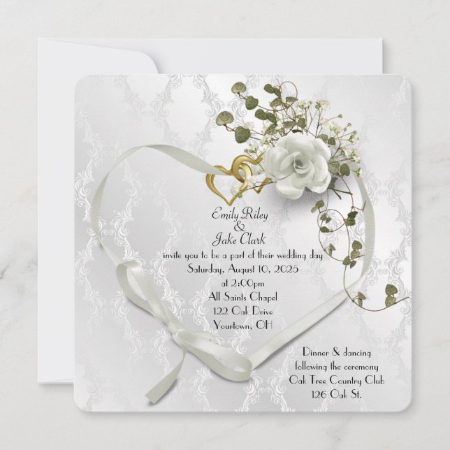 wedding ribbon heart on damask save the date (Front)
