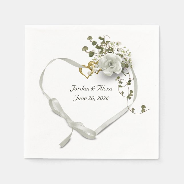 wedding ribbon heart with rose ivy bouquet napkin (Front)
