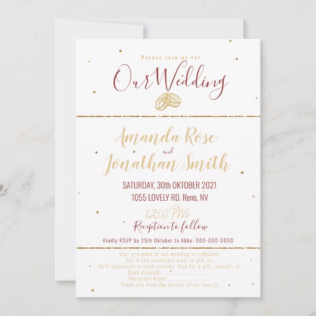Wedding ring invitation gold glitter and burgundy (Front)