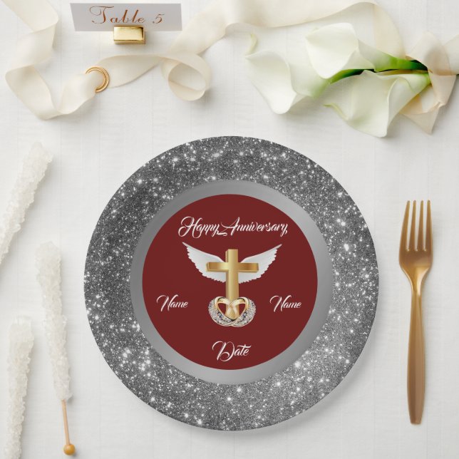 Wedding Rings Customize Silver Cross Anniversary Paper Plate (Wedding)
