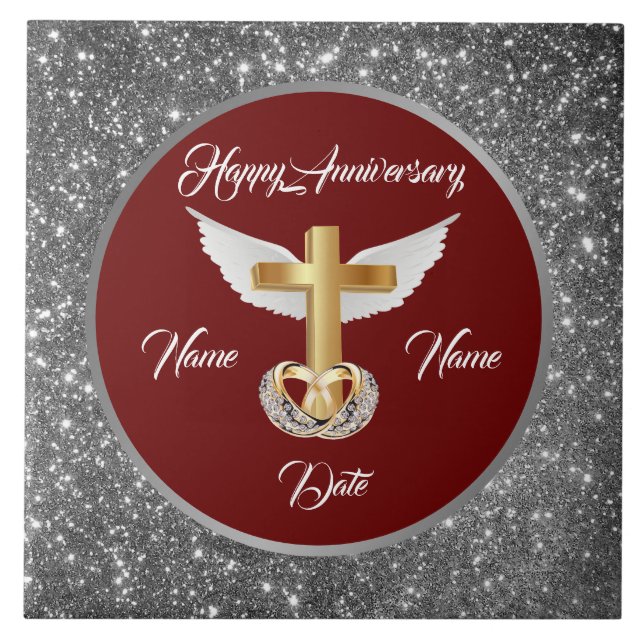 Wedding Rings Customize Silver Cross Anniversary Tile (Front)