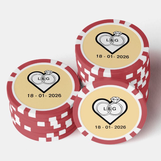 Wedding rings in a heart with date and Initials Poker Chips (Stack)