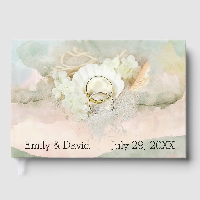 Wedding Rings in Seashell and Sand  Guest Book (Front)
