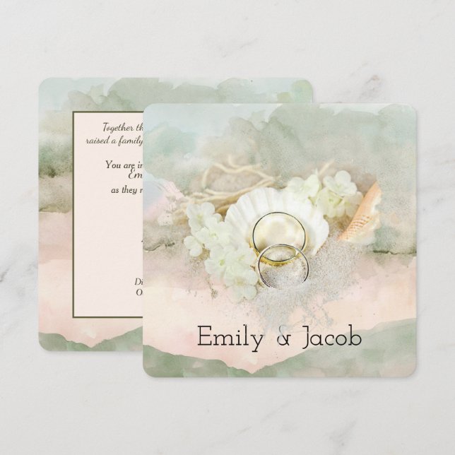 Wedding Rings in Seashell Beach Heart  Invitation (Front/Back)