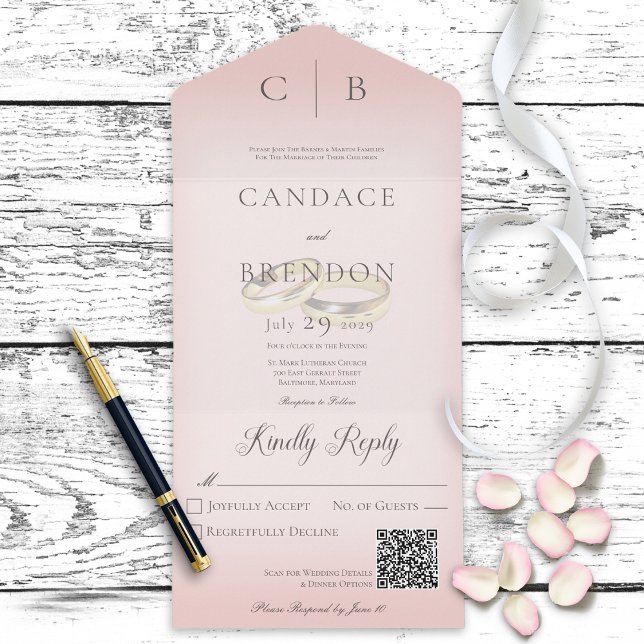 Wedding Rings Modern Blush Pink QR Code All In One Invitation (Creator Uploaded)