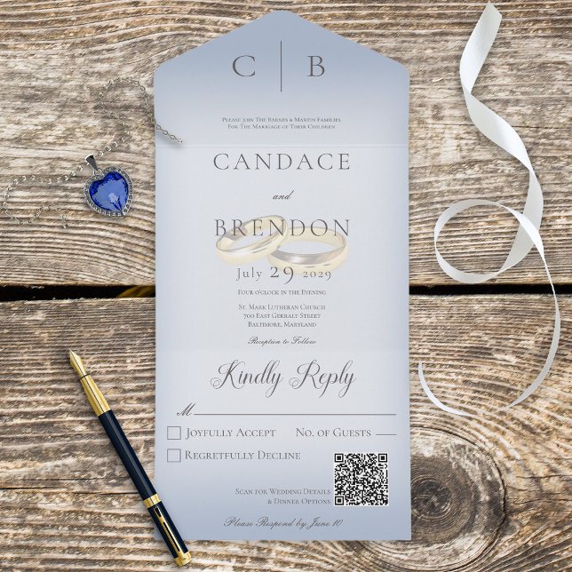 Wedding Rings Modern Dusty Blue QR Code All In One Invitation (Creator Uploaded)