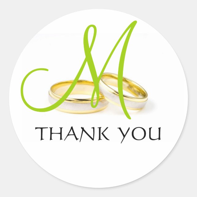 Wedding Rings Monogram Thank You Stickers Green (Front)