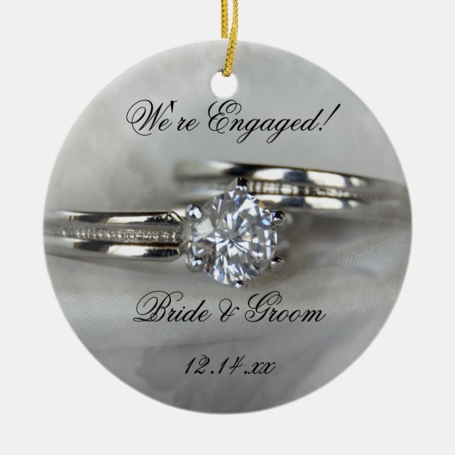 Wedding Rings on Grey Engagement Ceramic Ornament (Front)