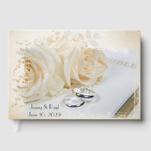 Wedding Rings on White Bible Guest Book