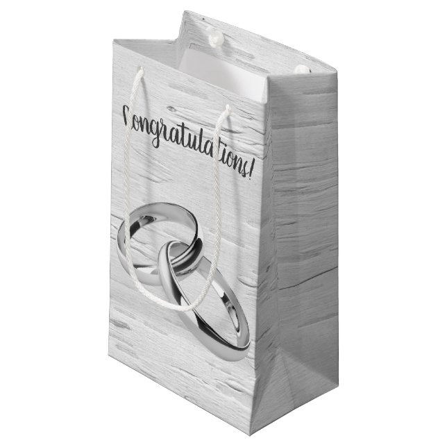 Wedding Rings On White Birch Small Gift Bag (Front Angled)