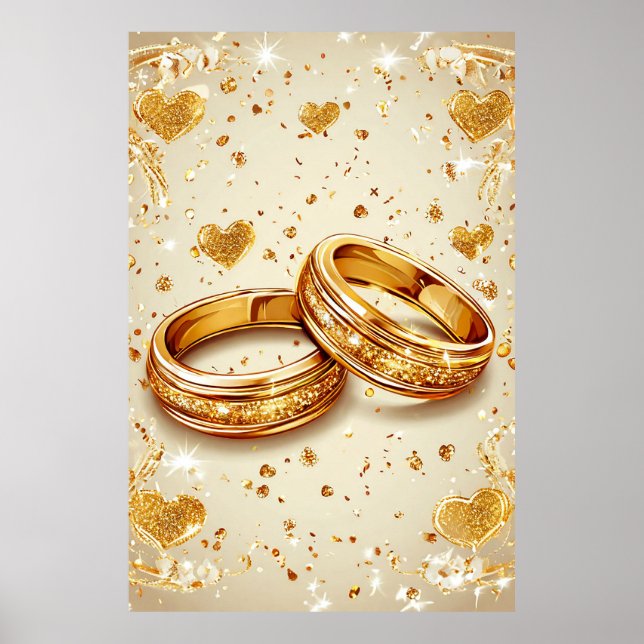 Wedding Rings with Golden Hearts Romantic Love 💍 Poster (Front)