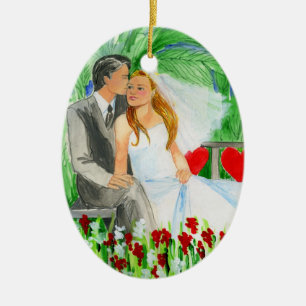 Wedding Romantic Bride and Groom in Garden Ceramic Ornament