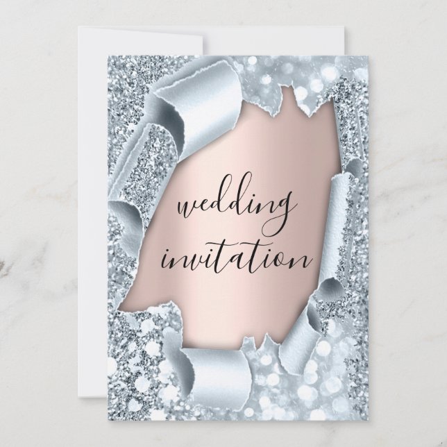 Wedding Rose 3D Effect Blush Glitte Blue Invitation (Front)