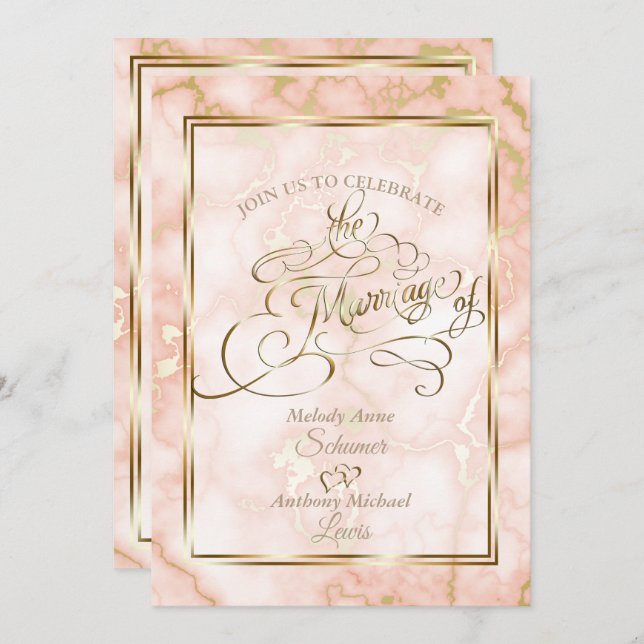 Wedding Rose and Gold Marble Ornate Calligraphy Invitation (Front/Back)