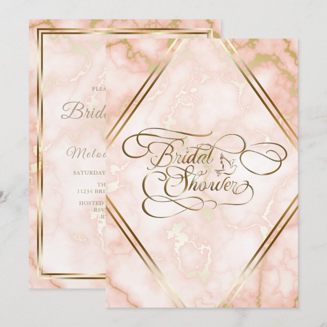 Wedding Rose and Gold Marble Ornate Calligraphy Invitation (Front/Back)