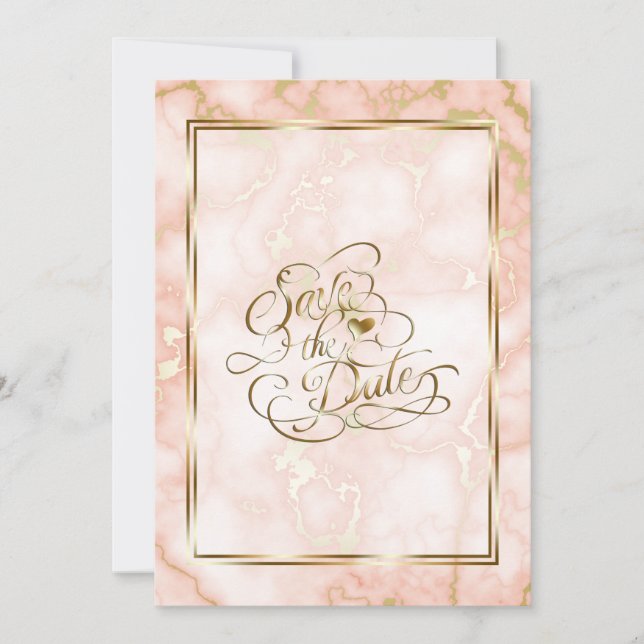 Wedding Rose and Gold Marble Ornate Calligraphy Save The Date (Front)