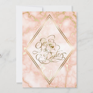 Wedding Rose and Gold Marble Ornate Calligraphy Save The Date