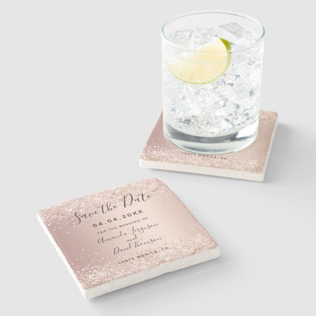 Wedding rose gold blush glitter Save the Date Stone Coaster (Side)