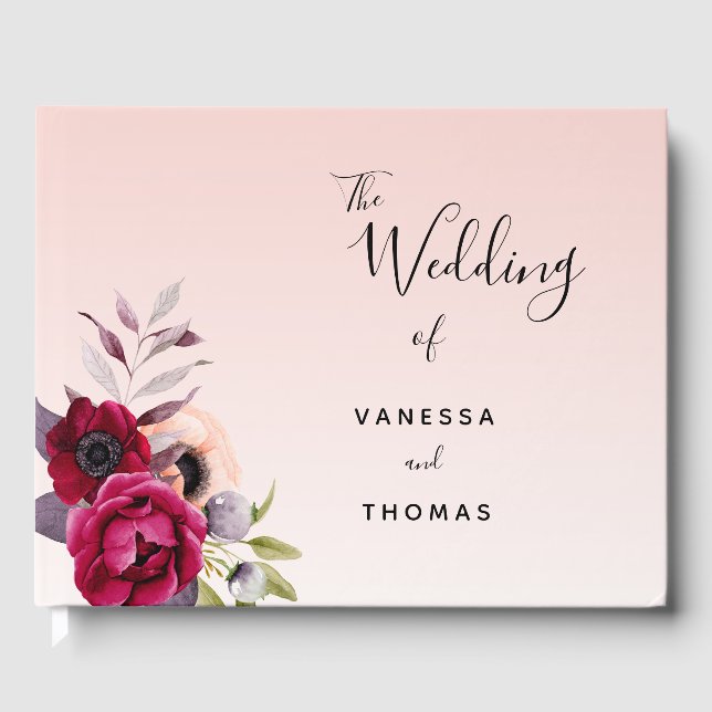 Wedding rose gold blush pink burgundy florals guest book (Front)