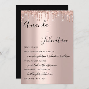 Wedding Rose Gold Monogram Drips Black White Invitation