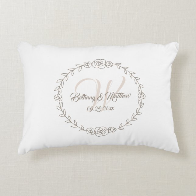 Wedding Rose Vine Wreath Monogram Taupe Accent Pillow (Front)