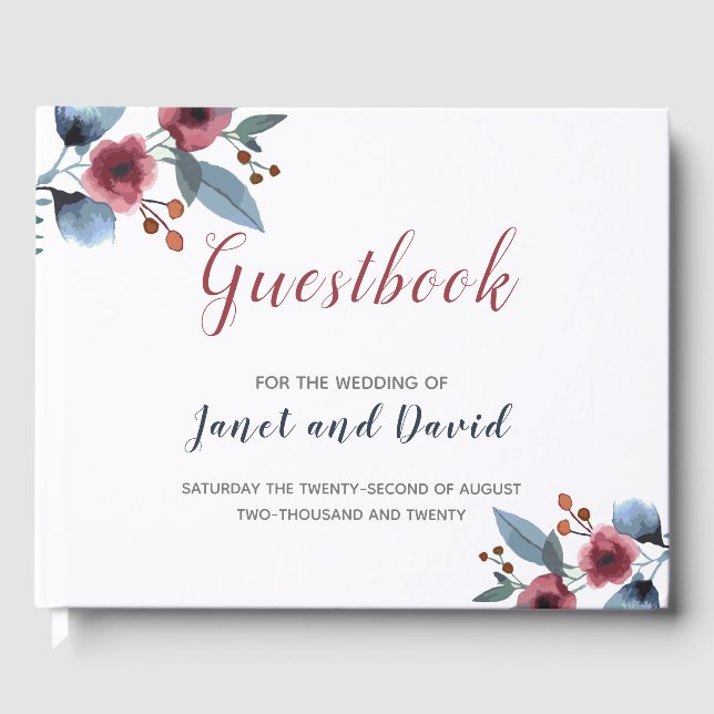 Wedding, Rose, Yellow & Blue Watercolor Floral Guest Book (Front)