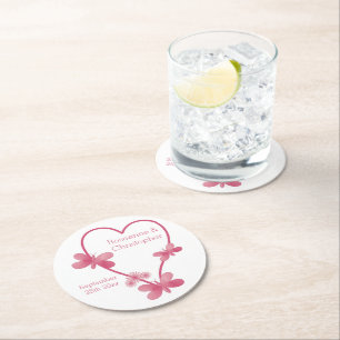 Wedding Round Paper Coaster Pink Heart Butterflies