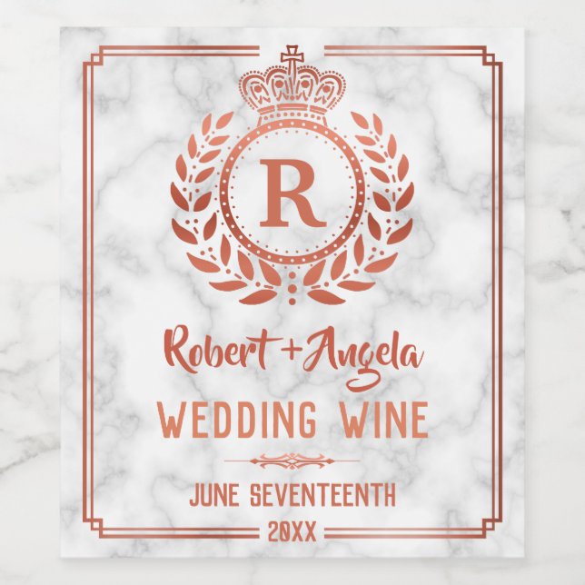 Wedding Royal Crown Laurel Wreath Marble Rose Gold Wine Label (Single Label)
