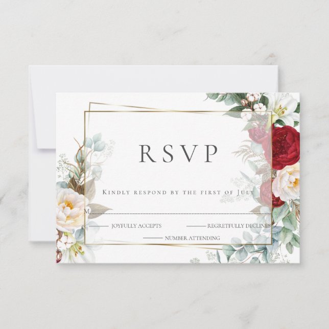 Wedding RSVP | Burgundy and Ivory  Peony Floral (Front)