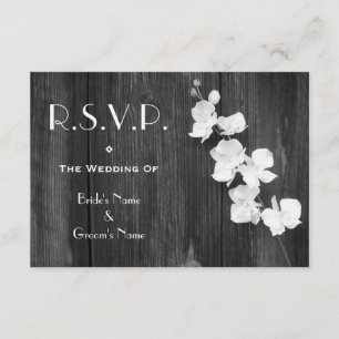 Wedding RSVP Card - Black & White Orchids Barnwood