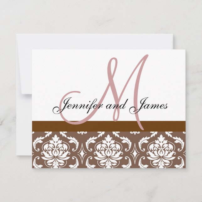 Wedding RSVP Card Brown Pink Damask Monogram (Front)