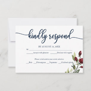 Wedding RSVP Card Burgundy Navy Blue Floral 