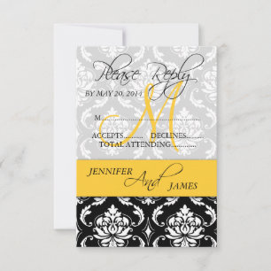 Wedding RSVP CARD Damask Monogram Name Yellow