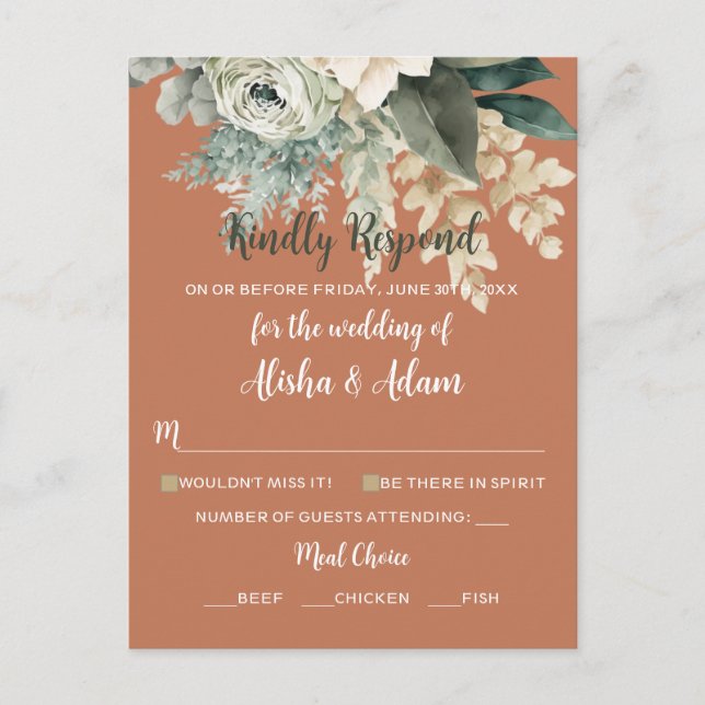 Wedding RSVP Card Floral Sage Green & Terracotta (Front)