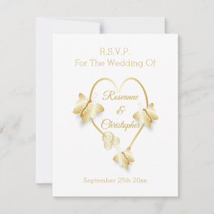 Wedding RSVP Card Gold Coloured Heart Butterfly