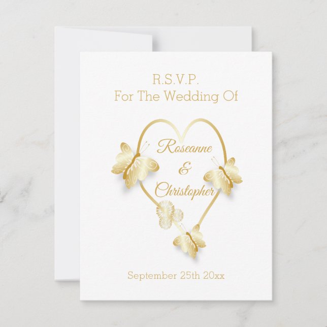 Wedding RSVP Card Gold Coloured Heart Butterfly (Front)