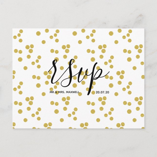 Wedding Rsvp card | Gold Confetti Script Postcard (Front)