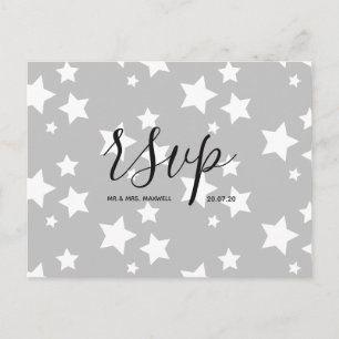 Wedding Rsvp card   Grey Stars Script Postcard
