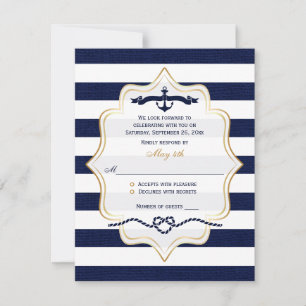 Wedding RSVP Card   Navy, White Faux Burlap Stripe