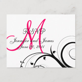 Wedding RSVP Card Pink Monogram Names Swirls