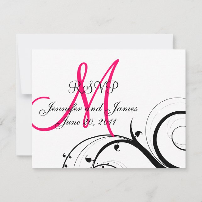 Wedding RSVP Card Pink Monogram Names Swirls (Front)