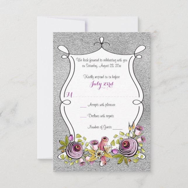 Wedding RSVP Card | Plum, FAUX Silver Foil Floral (Front)