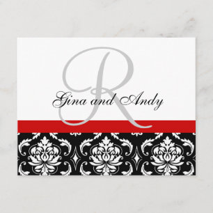Wedding RSVP Card Red Damask Monogram & Names