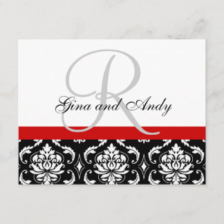 Wedding RSVP Card Red Damask Monogram & Names