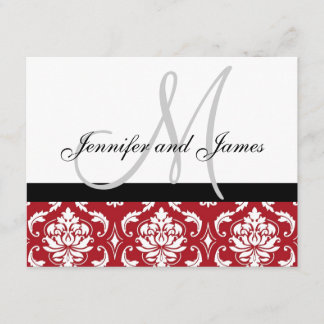 Wedding RSVP Card Red Damask Monogram & Names